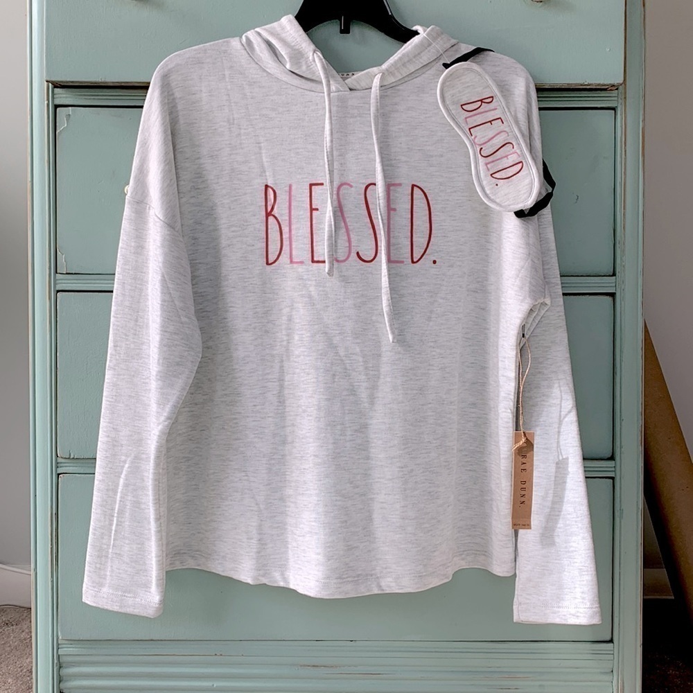 Rae Dunn Soft Hoodie Sweatshirt BLESSED Eye Mask XS Gray NWT - Picture 10 of 11